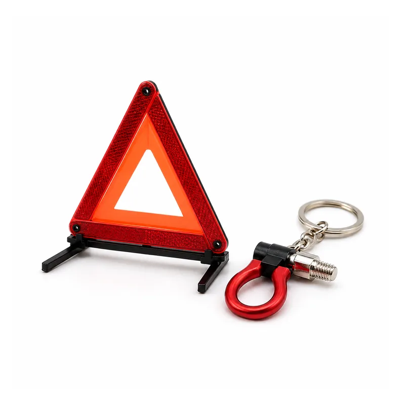A warning triangle and a tow hook keyring
